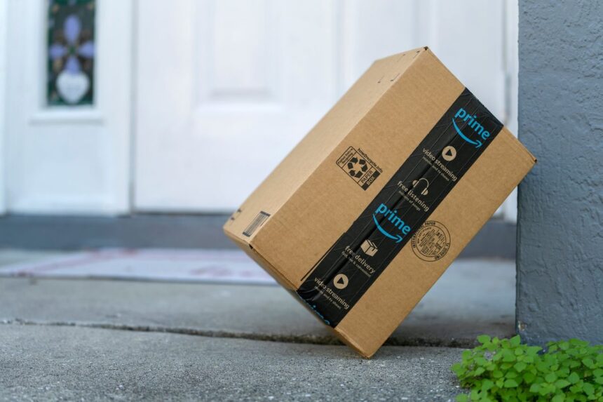 An Amazon Prime package sitting on a front porch step.