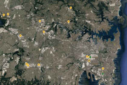 Satellite map of Sydney showing locations marked as planned or under construction.