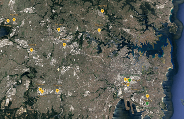 Satellite map of Sydney showing locations marked as planned or under construction.