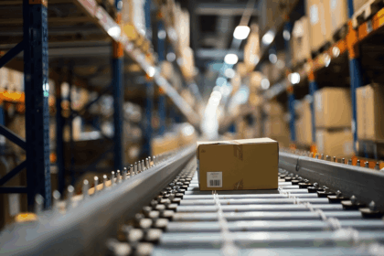 Cardboard box moving on a roller conveyor belt in a distribution warehouse.