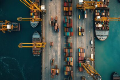 An aerial view of a busy shipping port with cargo ships and stacked containers.
