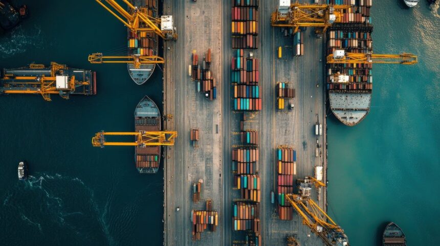 An aerial view of a busy shipping port with cargo ships and stacked containers.