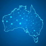 Digital map of Australia with a glowing blue network of lines and dots.