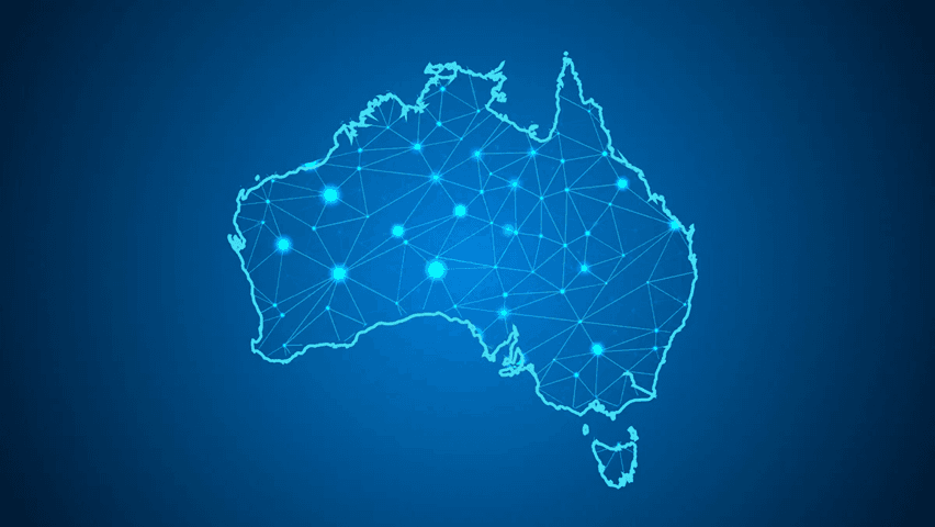 Digital map of Australia with a glowing blue network of lines and dots.
