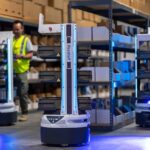 Autonomous warehouse robots with shelves moving through a facility with workers in the background.