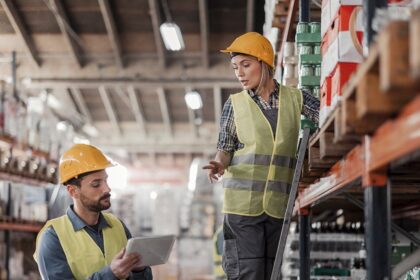 Warehouse workers in safety gear using a tablet to inspect inventory on shelves.
