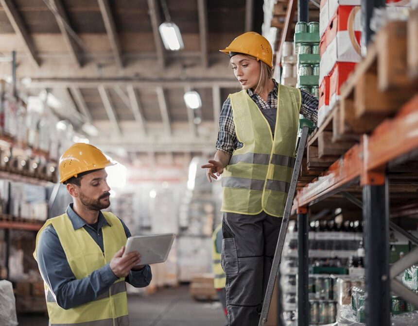 Warehouse workers in safety gear using a tablet to inspect inventory on shelves.