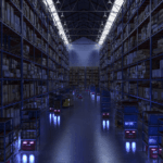 Automated robots transport goods through a vast, dimly lit warehouse with tall shelving units.