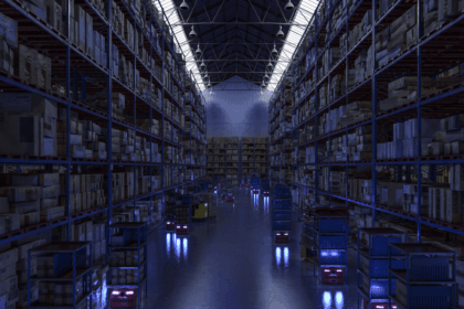 Automated robots transport goods through a vast, dimly lit warehouse with tall shelving units.