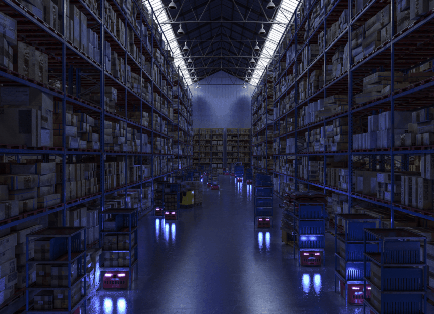 Automated robots transport goods through a vast, dimly lit warehouse with tall shelving units.