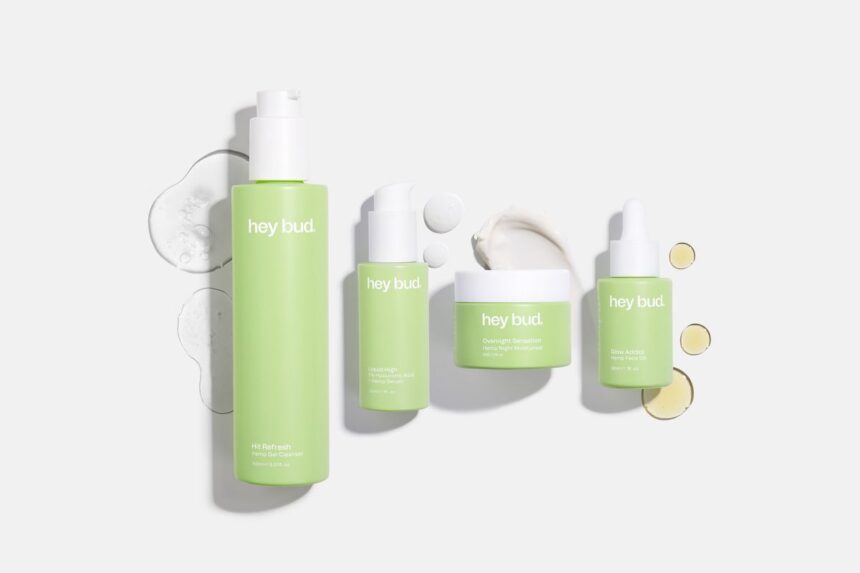 Four Hey Bud hemp skincare products arranged on a plain white surface.