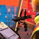 Worker in high-visibility gear scans a shipping manifest with a handheld barcode scanner.