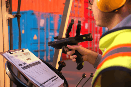 Worker in high-visibility gear scans a shipping manifest with a handheld barcode scanner.