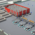 A 3D rendering of an automated warehouse logistics system with conveyor belts and storage.