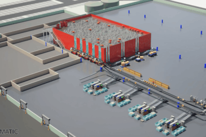 A 3D rendering of an automated warehouse logistics system with conveyor belts and storage.