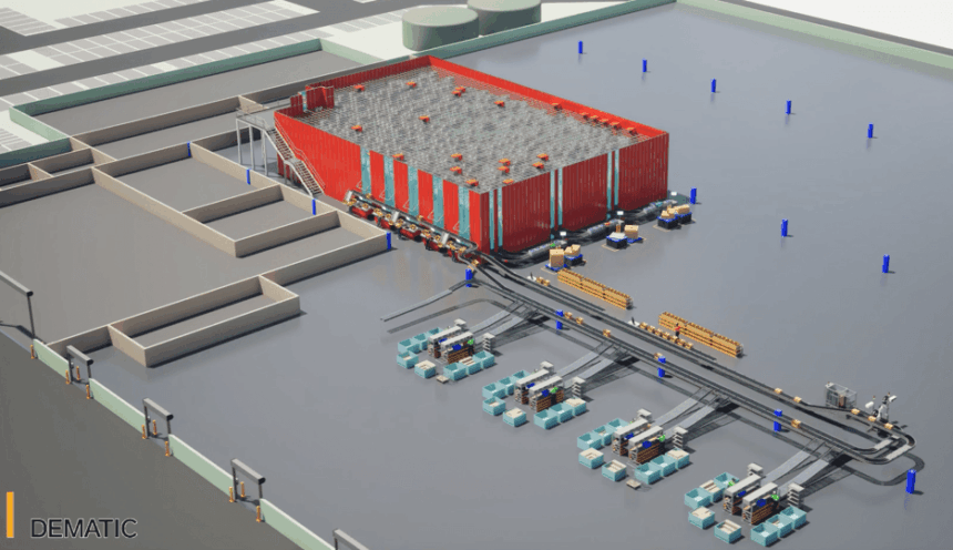 A 3D rendering of an automated warehouse logistics system with conveyor belts and storage.
