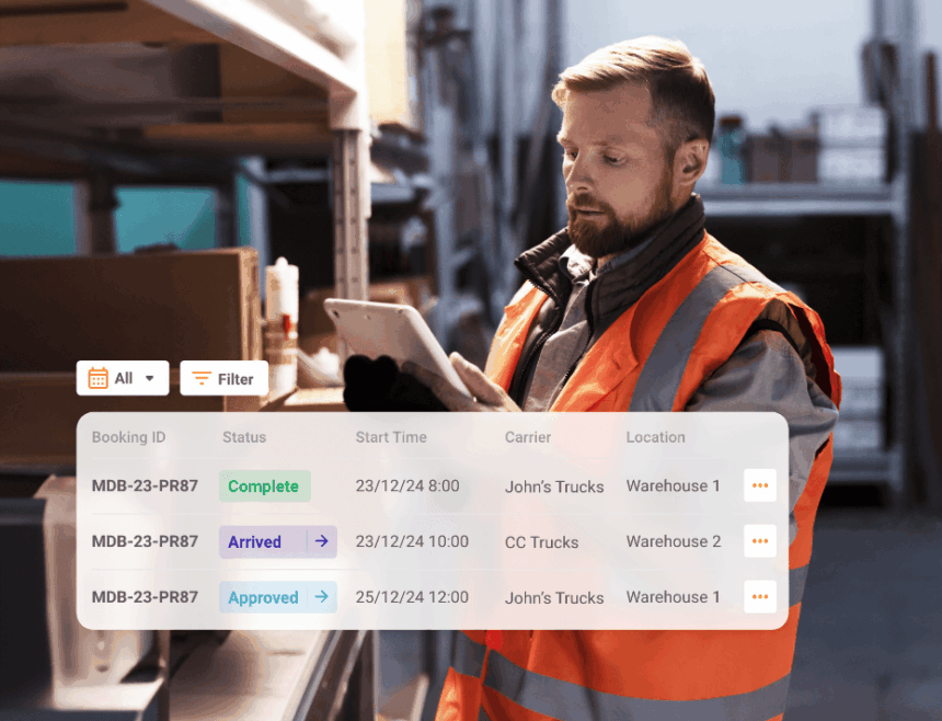 Warehouse worker in a high-visibility vest using a tablet with a digital booking dashboard.