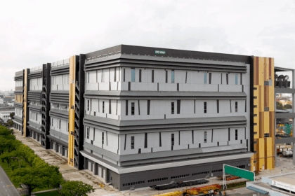 Aerial view of the modern, multi-story Bio-Rad industrial facility.