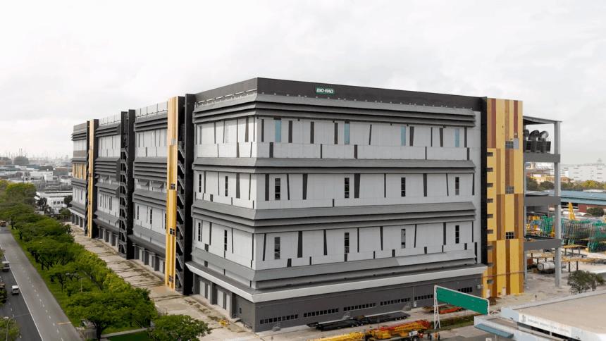 Aerial view of the modern, multi-story Bio-Rad industrial facility.