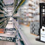 Dematic automated warehouse storage system with shuttles and a robotic forklift in a warehouse.