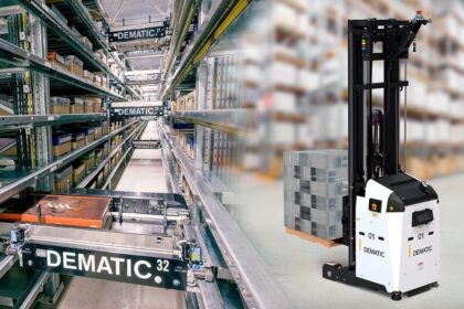 Dematic automated warehouse storage system with shuttles and a robotic forklift in a warehouse.