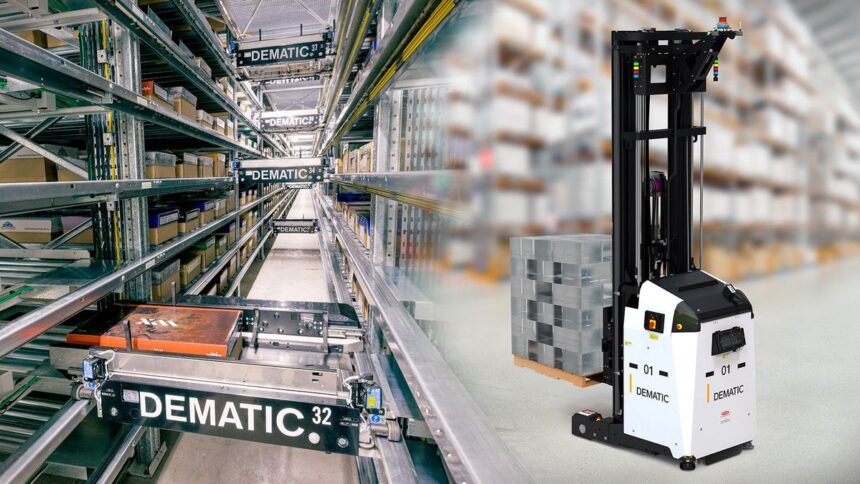 Dematic automated warehouse storage system with shuttles and a robotic forklift in a warehouse.
