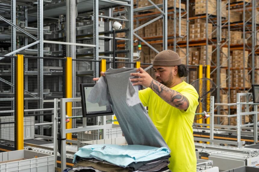 Worker in a high-visibility yellow shirt folding gray t-shirts in a warehouse.