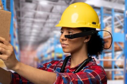 Warehouse worker wearing a yellow hard hat and smart glasses, holding a cardboard package.