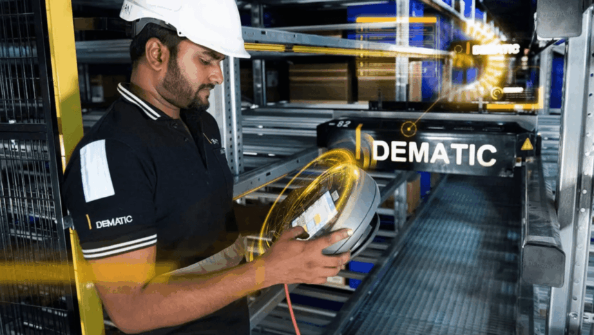 Worker in a hard hat inspects warehouse technology with digital data overlays.