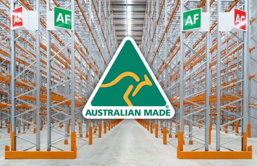 Australian Made logo superimposed over a warehouse aisle with empty industrial pallet racking.