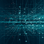 Digital abstract visualization of complex blue data lines, waves, and floating numerical values.