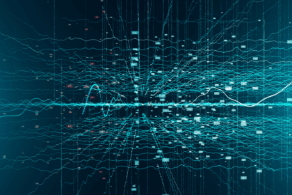 Digital abstract visualization of complex blue data lines, waves, and floating numerical values.