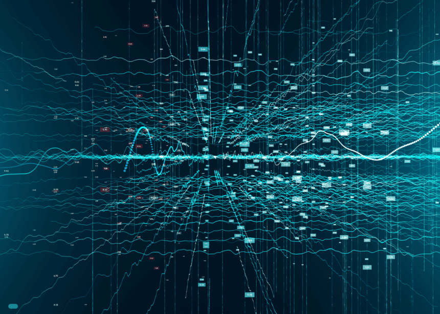 Digital abstract visualization of complex blue data lines, waves, and floating numerical values.