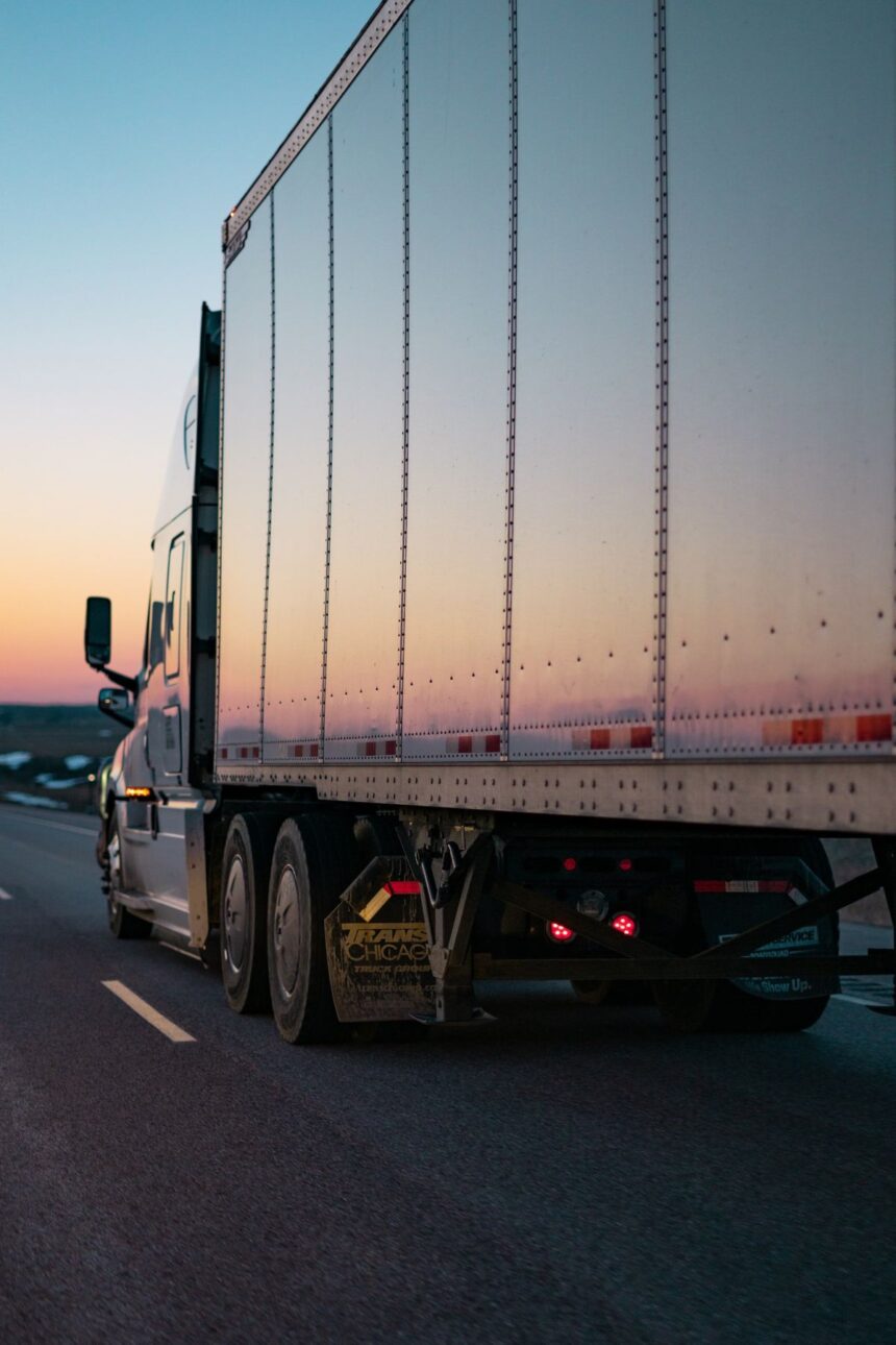 A semi-truck driving on a highway during a colorful sunset.