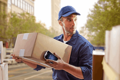 Delivery person in uniform holding a package and a handheld scanner outdoors.