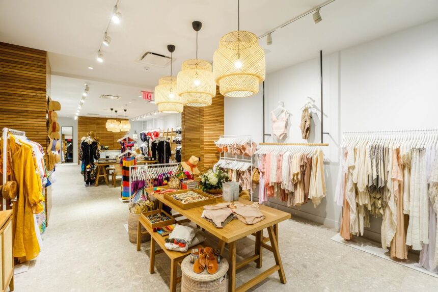 A bright boutique filled with hanging light fixtures, clothing racks, and wooden display tables.