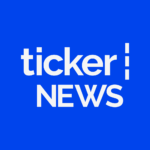 Ticker News logo featuring white text on a bright blue background.