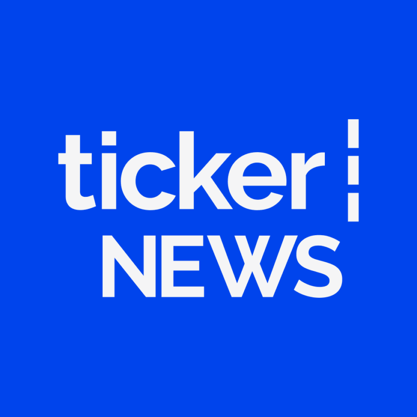 Ticker News logo featuring white text on a bright blue background.