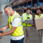 Warehouse workers wearing safety vests scanning items and carrying boxes in a storage facility.