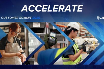 Zebra Accelerate ANZ Customer Summit 2025 event banner featuring warehouse workers using handheld scanners.