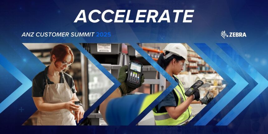 Zebra Accelerate ANZ Customer Summit 2025 event banner featuring warehouse workers using handheld scanners.