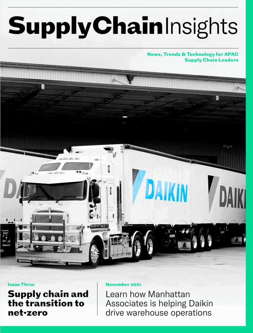 Cover of SupplyChain Insights magazine featuring a Daikin branded Kenworth semi-truck.
