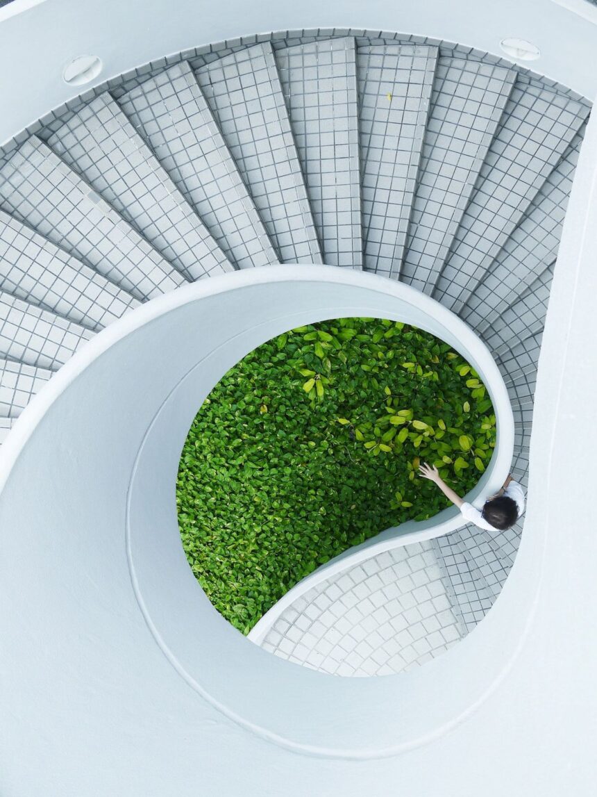 A top-down view of a spiral staircase with a lush green center garden.