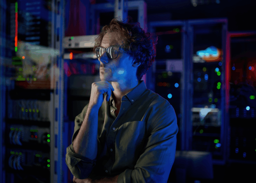 A thoughtful man wearing glasses stands in a server room with glowing lights.