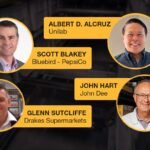 Four professional headshots with names and company affiliations overlaid on a dark background.