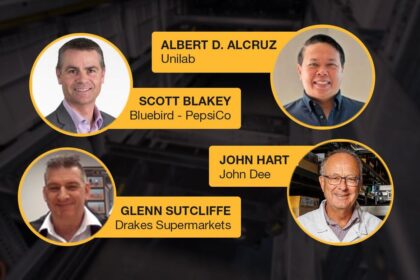 Four professional headshots with names and company affiliations overlaid on a dark background.