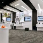 Modern Zebra Technologies showroom featuring retail and healthcare equipment with branding displays.