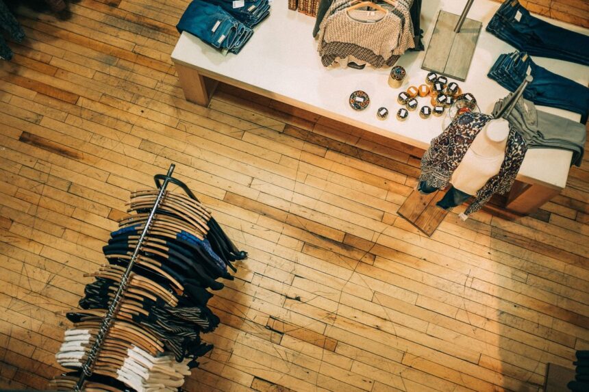 High-angle view of a clothing store with garment racks and a table displaying merchandise.