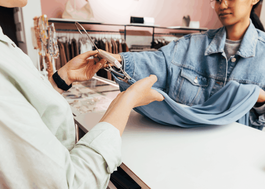 A customer and shop assistant handling a blue garment on a hanger at checkout.