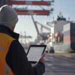 Port worker in high-visibility vest using a tablet at a busy shipping terminal.